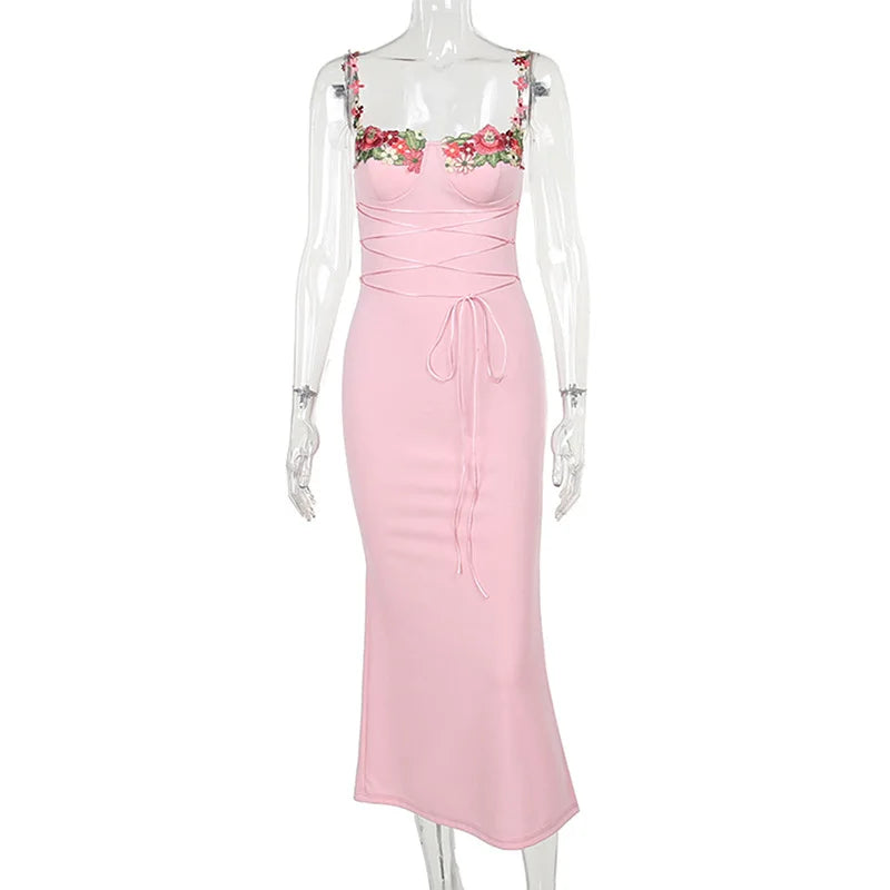 Y2K Sexy Sleeveless Backless Floral Women's Maxi Long Dress Lace-Up Bandage Bodycon Autumn Winter Party Club Dresses Outfit Gift