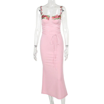 Y2K Sexy Sleeveless Backless Floral Women's Maxi Long Dress Lace-Up Bandage Bodycon Autumn Winter Party Club Dresses Outfit Gift