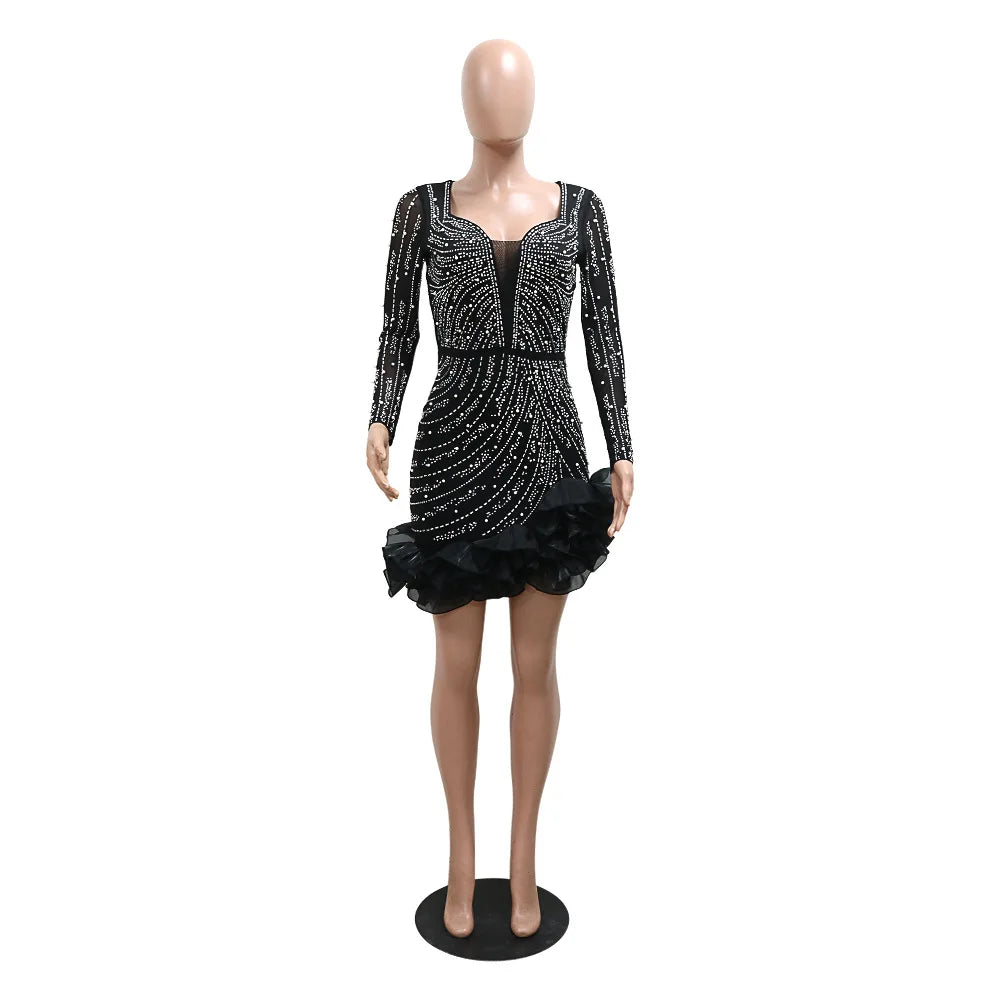 CM.YAYA Spring Women Long Sleeve Ruffles Hot Drilling Bead Short Dress Sexy Night Club Evening Birthday Mini Dresses Vestidos