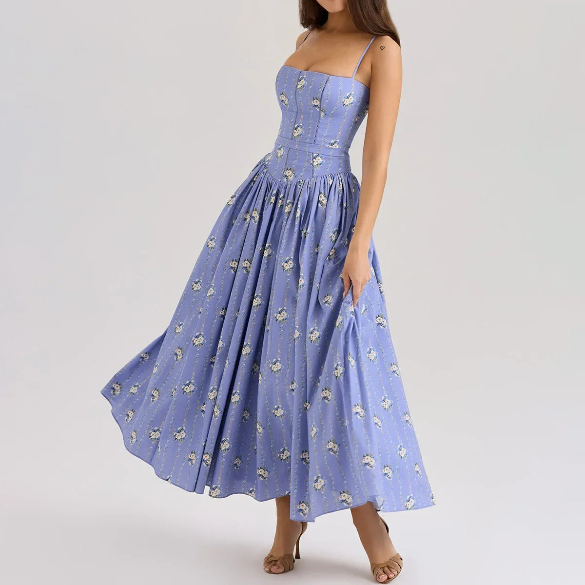 Oligai Floral Print Midi Sundress Elegant Spaghetti Strap Flowy Dress Aussie Summer Women Boho Chic Beach Dress