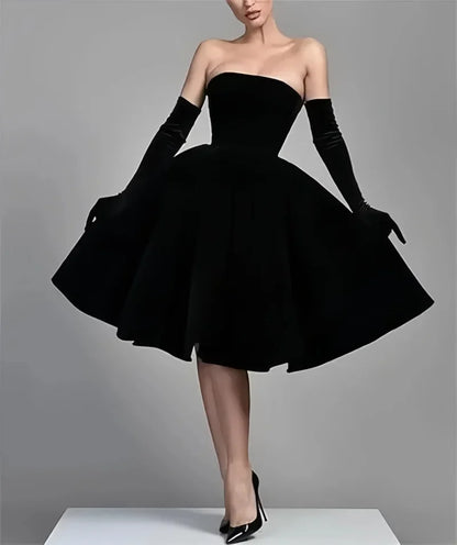 Meetlove Black Elegant Customized Strapless Velvet Ball Gown Formal Gowns Simple Knee Length Vestidos De Noche Gloves for Women