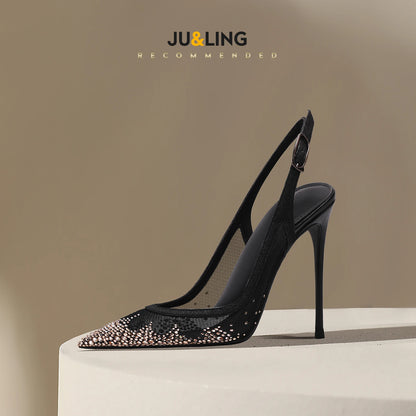 New Baotou sexy sandals with one buckle and summer mesh, rhinestone high heels for women, slim heels, shallow mouth
