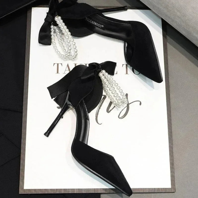 Comemore 2025 Summer  Bow Black High Heel Sandals Lace-up Solid Ladies Shoes Fashion Thin Heels Buckle Women's Sandals banquet