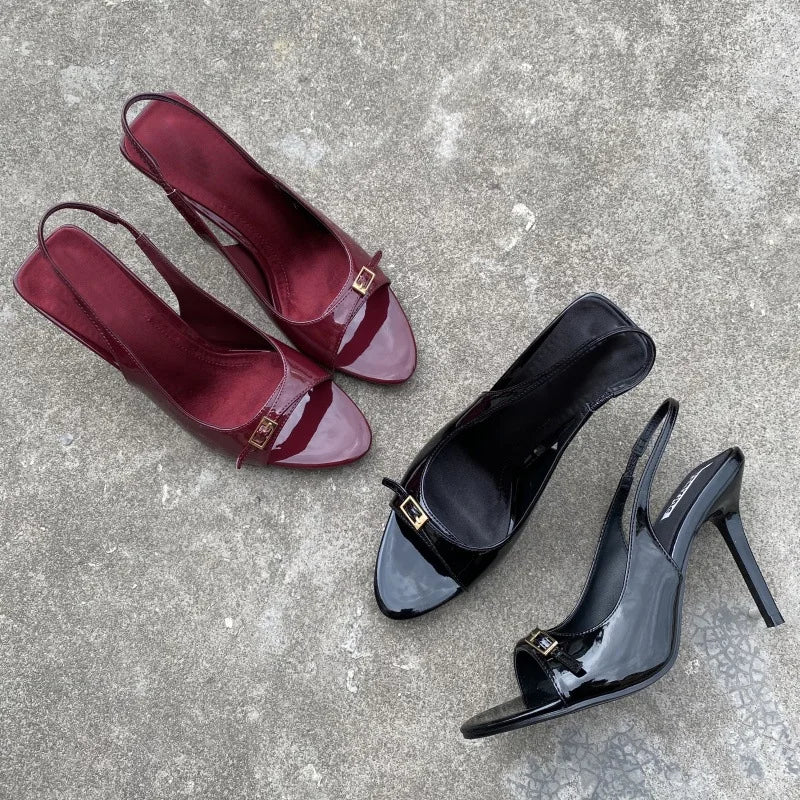 Sexy Red Patent Leather High Heels Women Summer Luxury Designer Metal Buckle Belt Back Strap Designer Sandals Sandalias Mujer