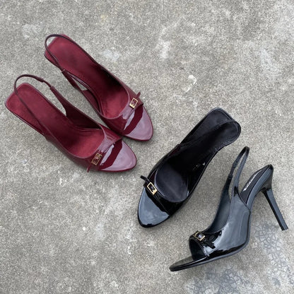 Sexy Red Patent Leather High Heels Women Summer Luxury Designer Metal Buckle Belt Back Strap Designer Sandals Sandalias Mujer