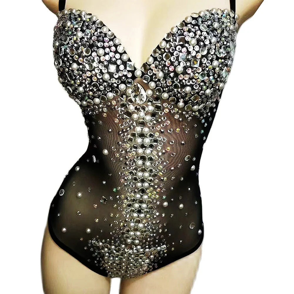 Women Sexy Pearl Strap Drag Queen Rhinestone Bodysuits Birthday Outfit Leotard Black Stage Wear 2025