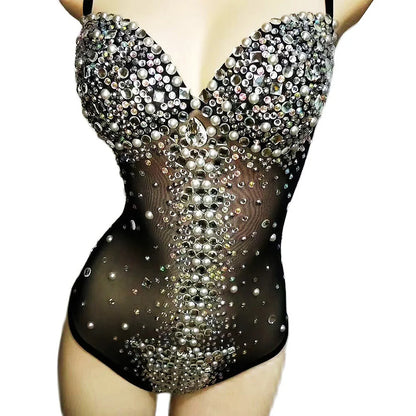 Women Sexy Pearl Strap Drag Queen Rhinestone Bodysuits Birthday Outfit Leotard Black Stage Wear 2025