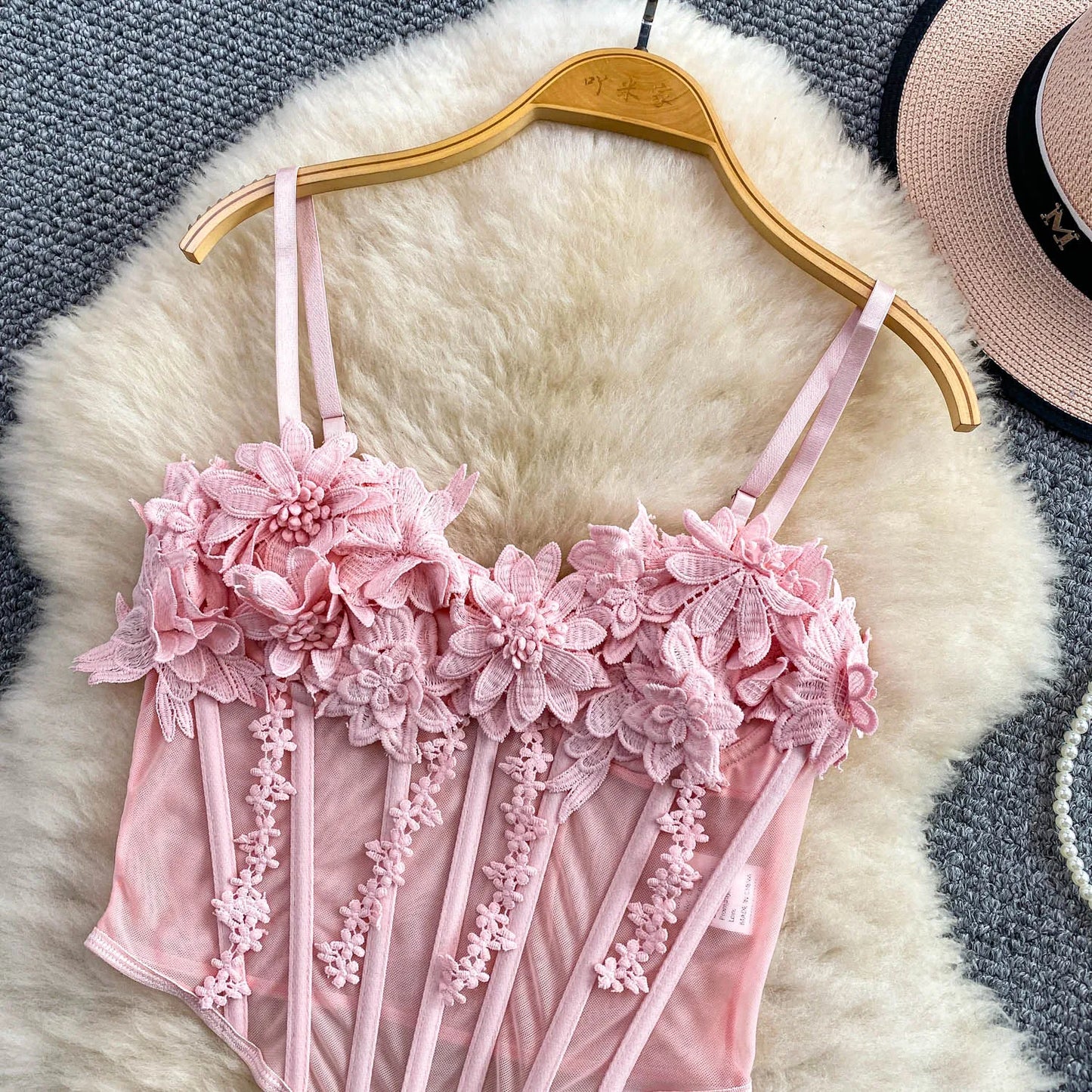 Slimming Floral Lace Crop Top Women's Summer Fashion Fishbone Design Strap Vest Breathable Short Style Sexy European Style