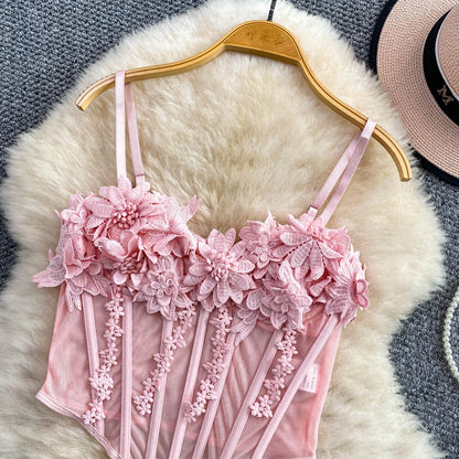 Slimming Floral Lace Crop Top Women's Summer Fashion Fishbone Design Strap Vest Breathable Short Style Sexy European Style