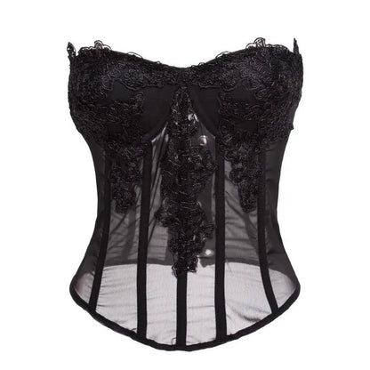 Pink Transparent Mesh With Floral Appliques Overbust Gothic Corset Top Woman Push Up Bustier Lingerie Sexy Hot Corsetto Donna