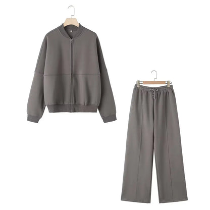 HH Women's Fall 2-Piece Retro Solid Color Zip Bomber Jacket Sweatshirt+High Waist Lace Up Women's Wide Leg Pants Street Wear