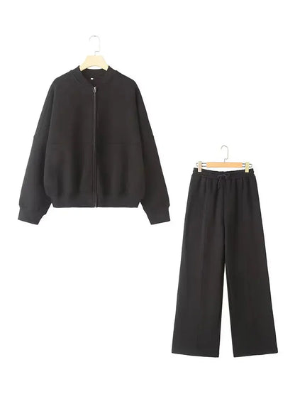 HH Women's Fall 2-Piece Retro Solid Color Zip Bomber Jacket Sweatshirt+High Waist Lace Up Women's Wide Leg Pants Street Wear