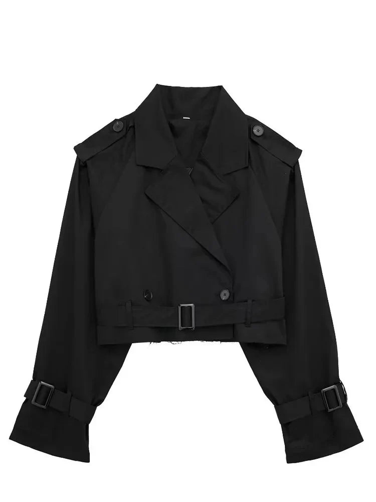 HH 2025 Women Belt Cropped Trench Spring Jacket Vintage Streetwear Double Breasted Long Sleeve Top Female Coat Outfits