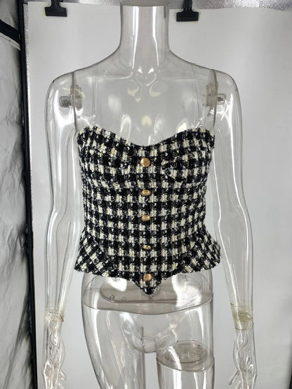 Vintage Plaid Tube Top Vest Women Fashion Sexy Hot Girl Buttons Irregular Slim Sleeveless Cropped Top Party Streetwear Female