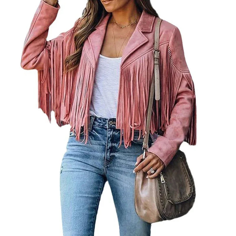 Women's Casual Fringe Cropped Jacket Western Boho Vintage Long Sleeve Zip Up Trendy Autumn Outerwear