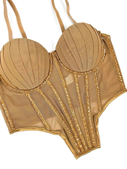 Sexy Mesh Design Camisole Vest Style Ladies Corset Tops with Chest Cushion Sparkling Diamond Decoration Fishbone Lingerie Tops