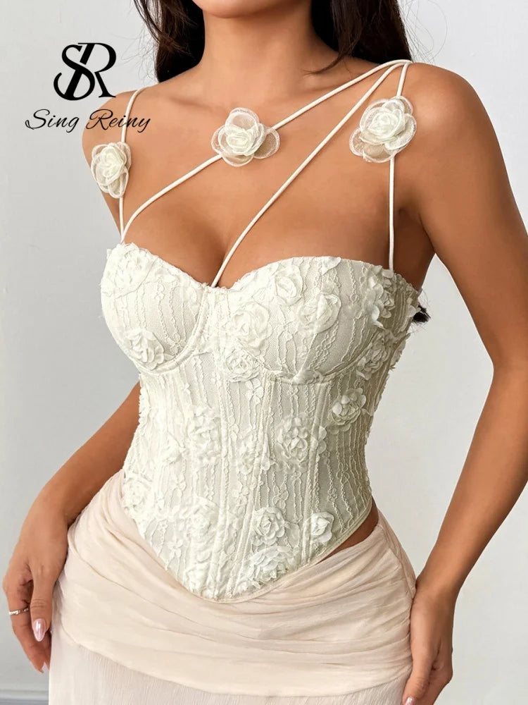SINGREINY 3D Floral Jacquard Beach Party Tank Top Fashion Women Corset Embroidery Camisole French Hot Girl Vacation Y2K Slim Top