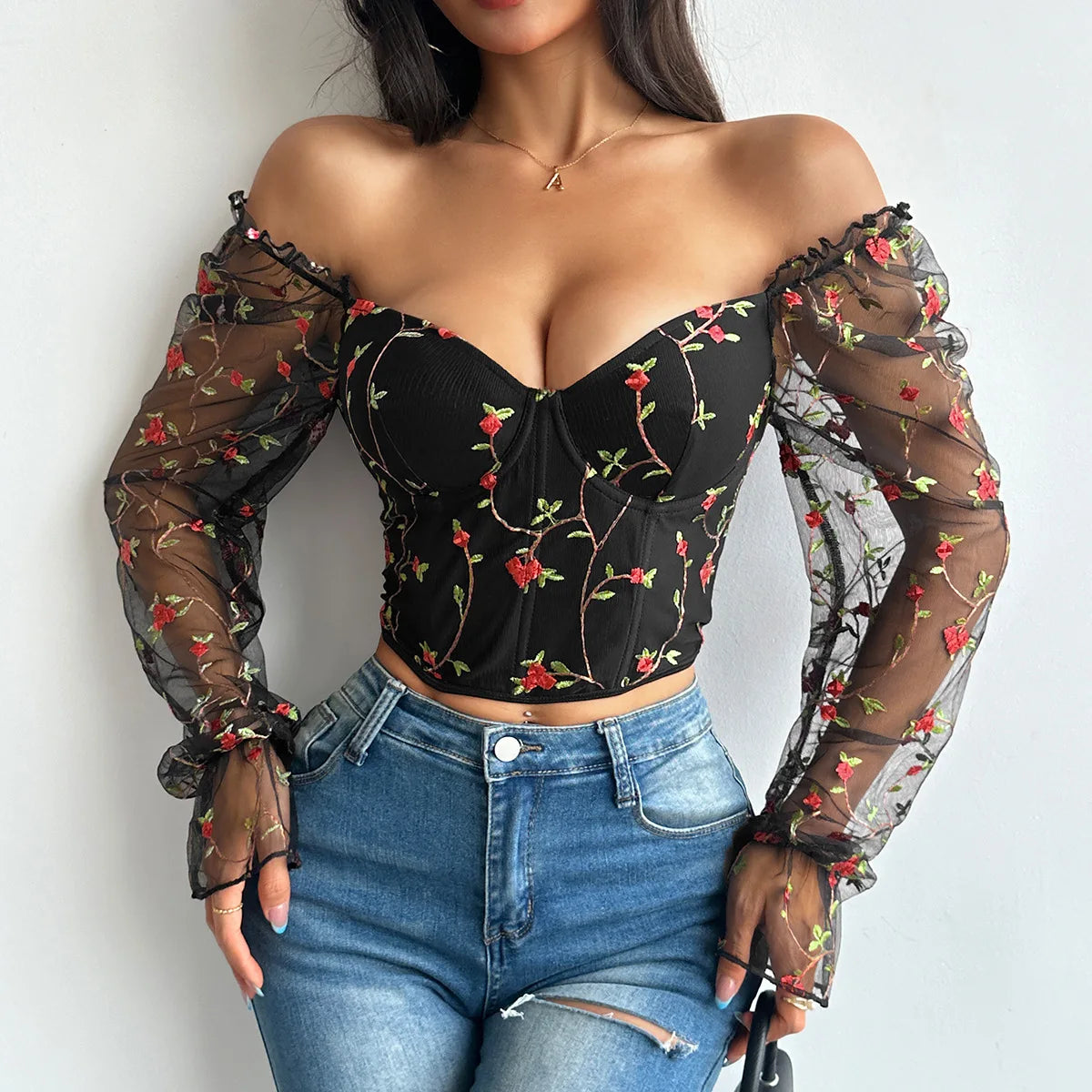 Sexy Spicy Girl Mesh Long Sleeve Corsets Shaper Flower Embroidery Bustiers Fishbone Slim Fit Fashion Versatile Women Corset Top