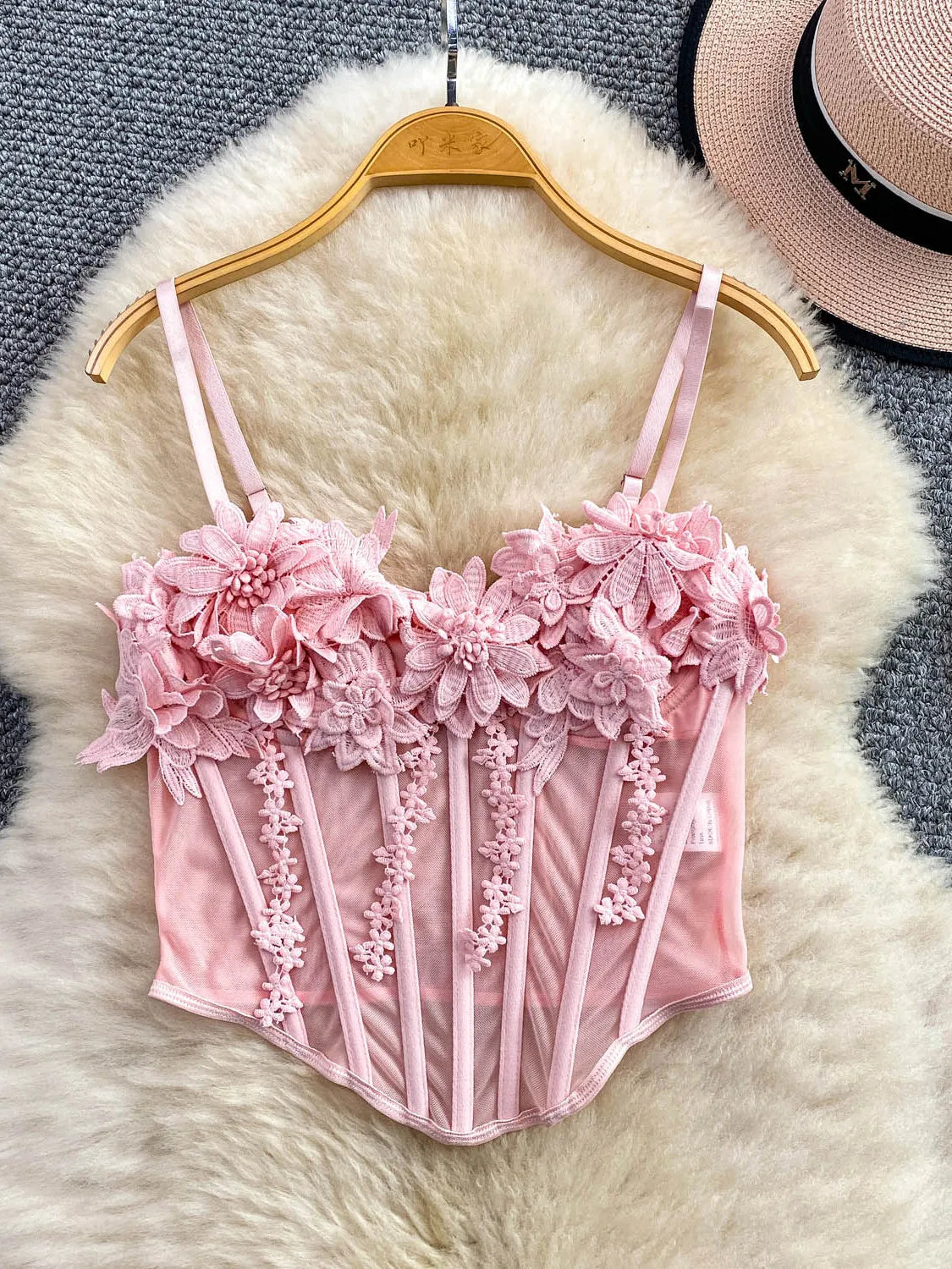 Slimming Floral Lace Crop Top Women's Summer Fashion Fishbone Design Strap Vest Breathable Short Style Sexy European Style