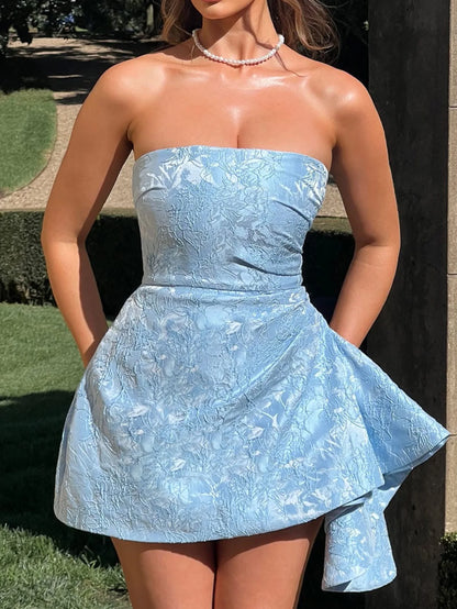 Womens 2026 Summer Strapless Mini Dress Sexy Evening Party Dress Light Blue Jacquard Sleeveless Slim Fit Formal Event Gown Dress