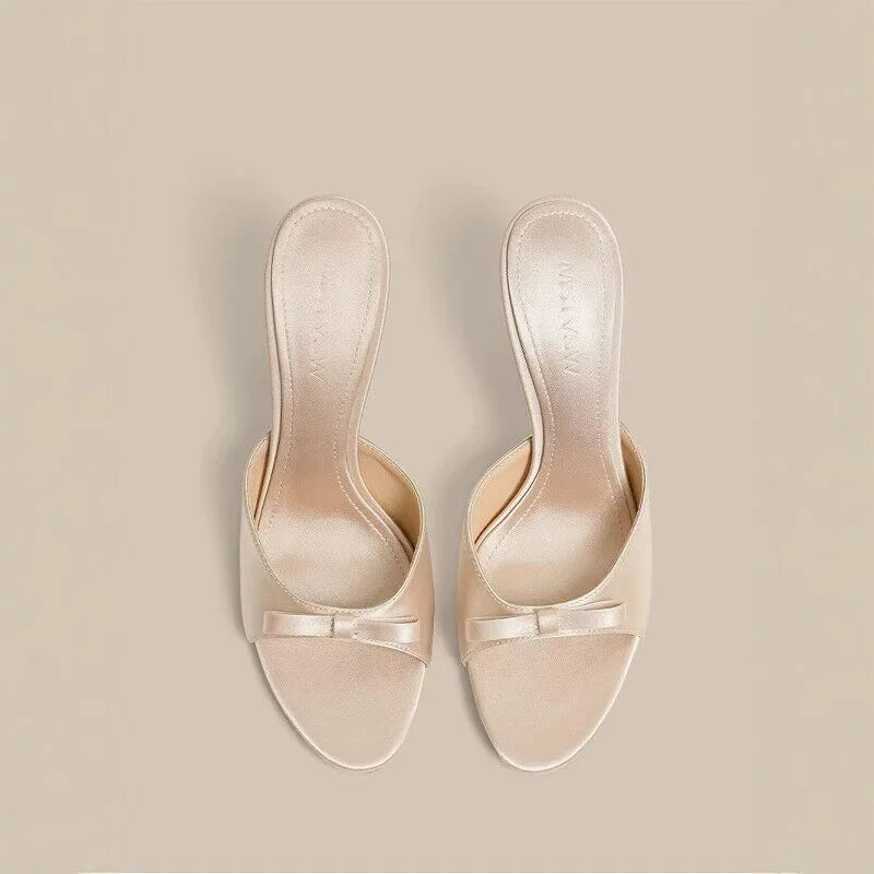 Designer Thin High Heel Summer Women Slippers Fashion Satin Butterfly-knot Dress Slides Ladies Sexy Stripper Party Sandals