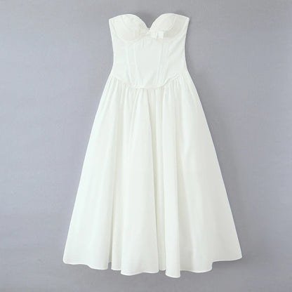 3 colors Sexy Wire Chest Boning Slim Waist Long Strapless Dress Women Cross Lacing up Back Ruched Hem Swing Party Vestido Yellow