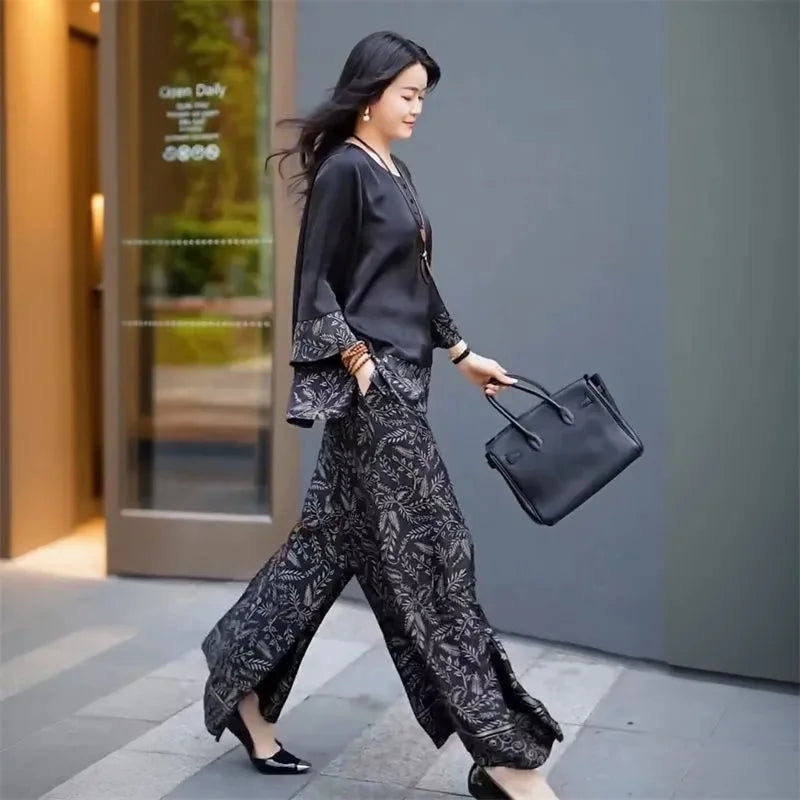 Summer Women Loose Satin Outfit Korean Ladies Leisure Seven Divide Sleeve Pants Two-piece Suit 2025 Female Large Size 4XL 2PCS
