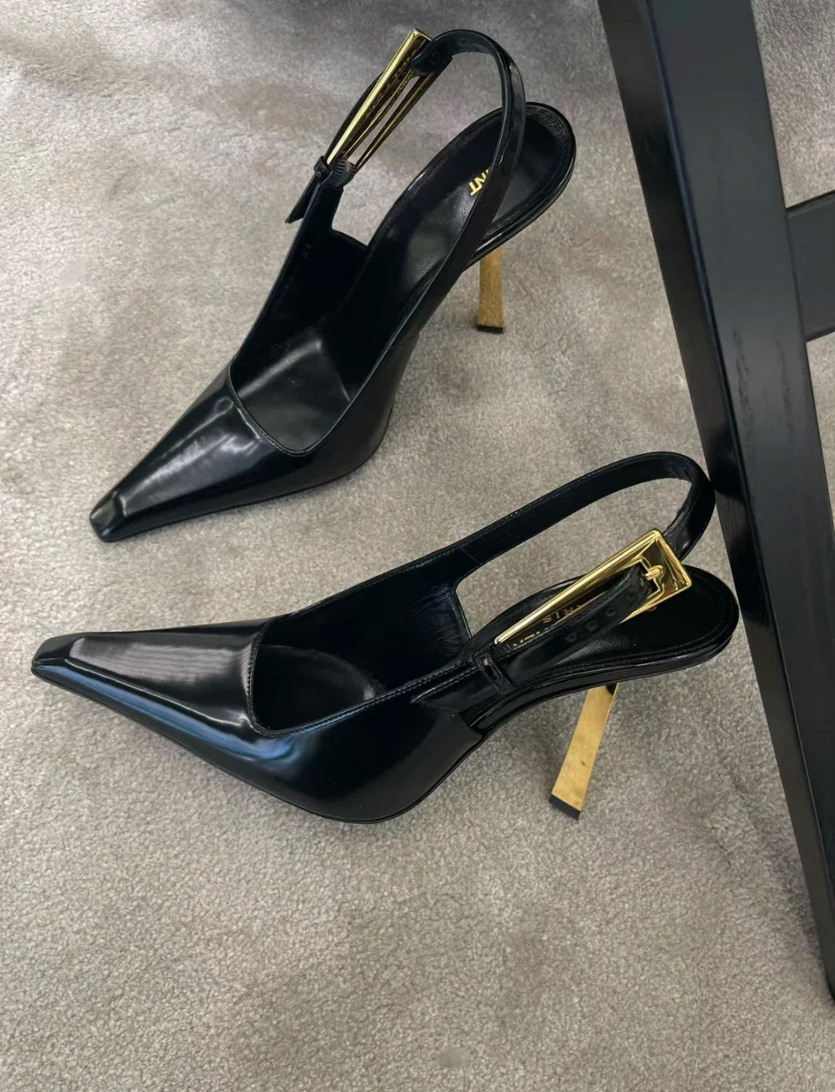 Black Pointed Toe High Heels Thin Heel Metal Cap Sandals Women's Shoes Elegant Painted Leather Sexy Fine Heel New 2025