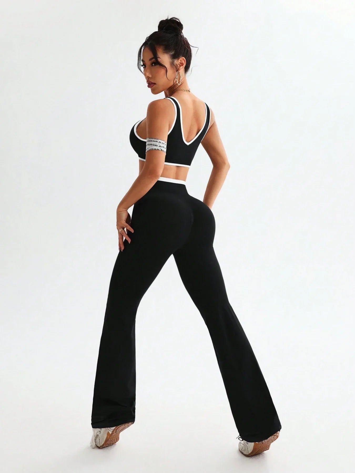 Womens One Piece Yoga Set Tummy Control Fitness Outfit Color Blocking Wide Strap with V Waist Flared Pants 2 Piece