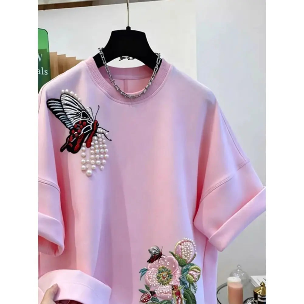 Original Heavy Industry Flower Butterfly Embroidered Pearl Beaded Short Sleeve T-shirt Women's European Style Luxury Fashion Top