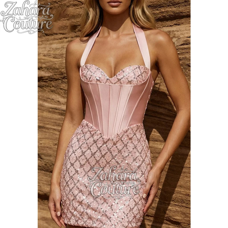 Zahara Customized Halter Neck Evening Dresses for Special Occasions Pink Sequins Satin Prom Dress Short Style Elegant