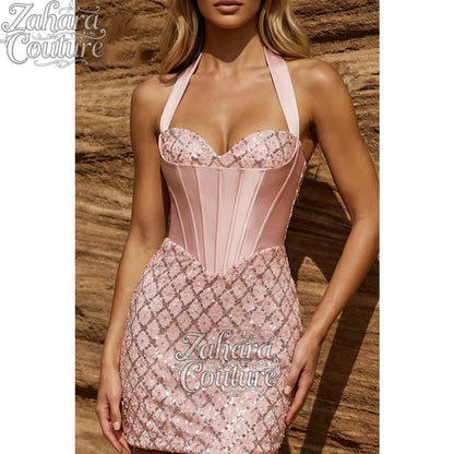 Zahara Customized Halter Neck Evening Dresses for Special Occasions Pink Sequins Satin Prom Dress Short Style Elegant