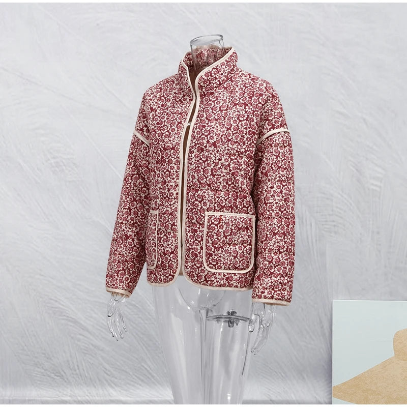 HH Floral Print Jacket For Women Autumn Quilted Reversible Cotton Coat Cardigan Long Sleeve Jackets Elegant Woman Streetwear