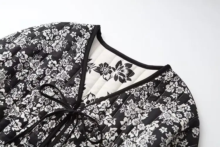 HH Floral Print Jacket For Women Autumn Quilted Reversible Cotton Coat Cardigan Long Sleeve Jackets Elegant Woman Streetwear