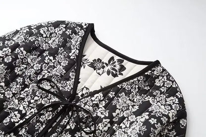 HH Floral Print Jacket For Women Autumn Quilted Reversible Cotton Coat Cardigan Long Sleeve Jackets Elegant Woman Streetwear