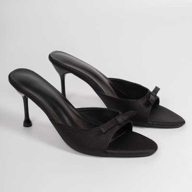 Designer Thin High Heel Summer Women Slippers Fashion Satin Butterfly-knot Dress Slides Ladies Sexy Stripper Party Sandals