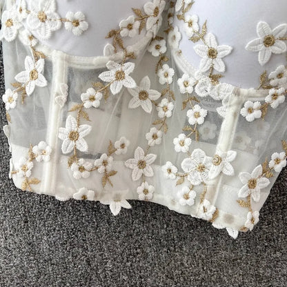 Women Crocheted 3D Lace Corset Stylish Floral Embroidery Bustier Push Up Bra Lady Tank Top Elegant Cropped Top Club Party Bralet
