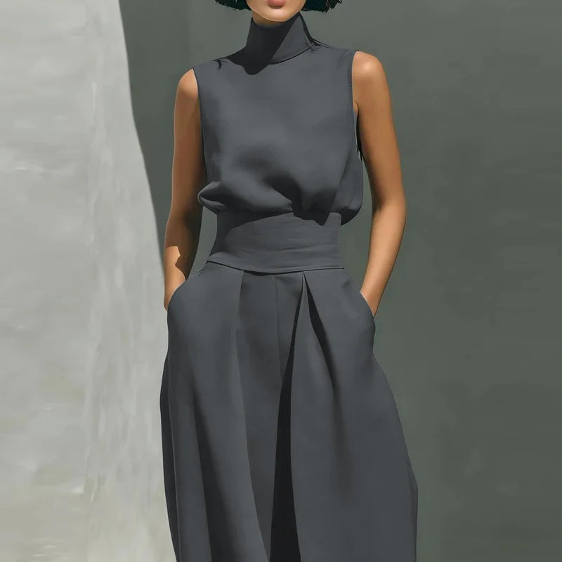 Sleeveless top+wide leg pants summer casual two-piece set elegant and loose office set high street pocket women's set