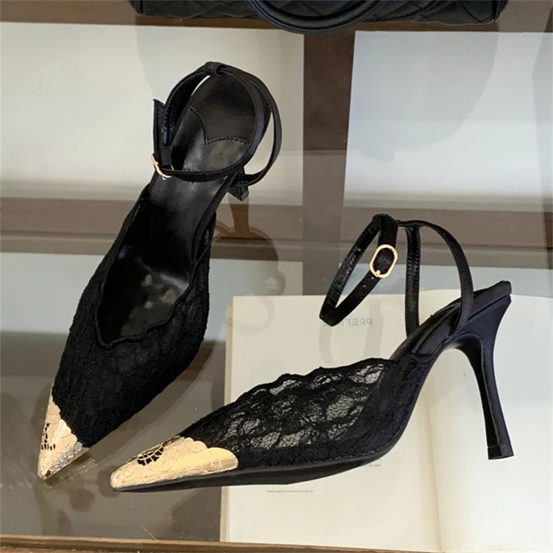 Eilyken New Design Breathable Mesh Thin High Heels Woman Pumps Elegant Pointed Toe Buckle Strap Party Prom Mule Shoes