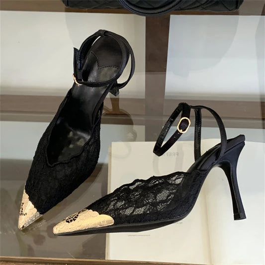 Eilyken New Design Breathable Mesh Thin High Heels Woman Pumps Elegant Pointed Toe Buckle Strap Party Prom Mule Shoes