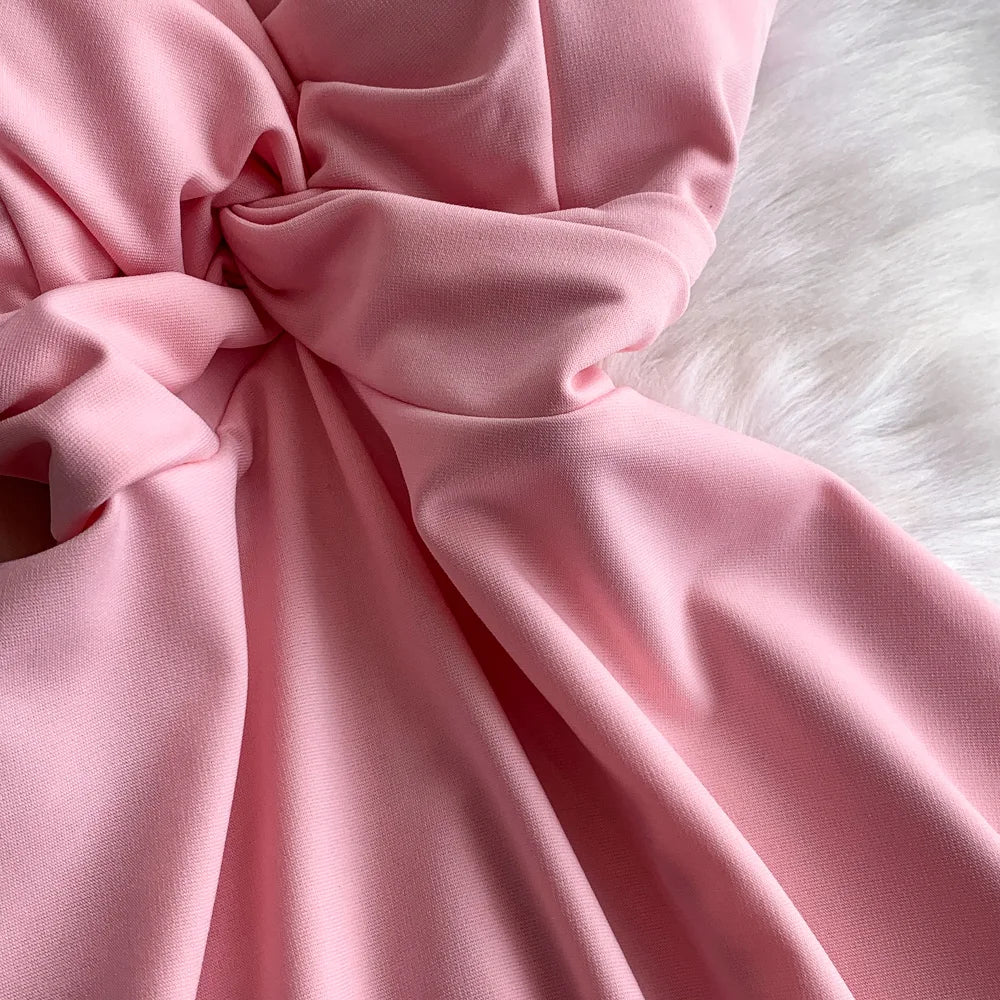Chic V-neck  Ruched slim off shoulder  A-line High Waist Evening Party dress Women High Street ceremony dresses