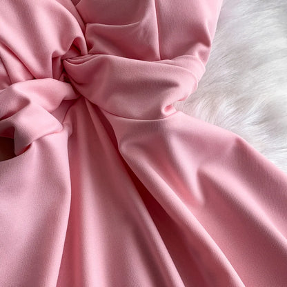 Chic V-neck  Ruched slim off shoulder  A-line High Waist Evening Party dress Women High Street ceremony dresses