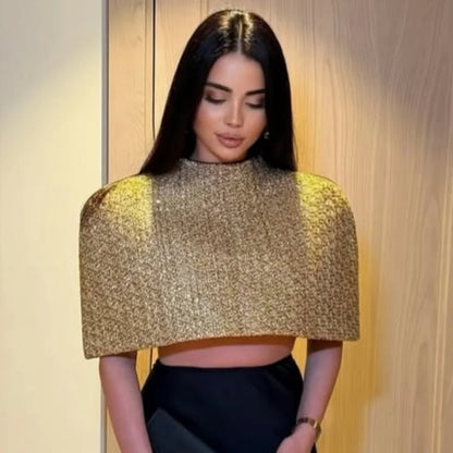Women Elegant Gold Sparkle Capelet Top Shiny Tweed Shoulder Wrap Turtleneck Short Cloak New Lady Evening Club Party Tops 2026
