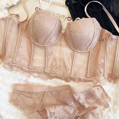 French Ladies Transparent Mesh Corset Sexy Shaper Thin Bra Set Night Club Sweet Cropped Top Girls Hot Bra and Panties Bralette