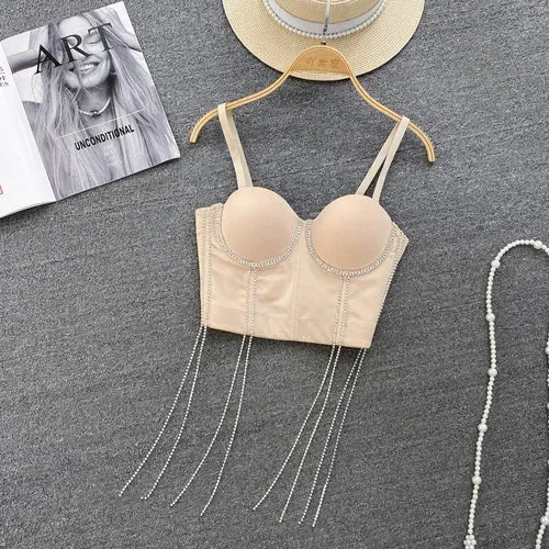 Women Chic Tassels  Pads Rhinestone Basic  Corset Straps Camis Slim  Hot Sexy Fashion Bare NavelBackless Tops Women Crop Top