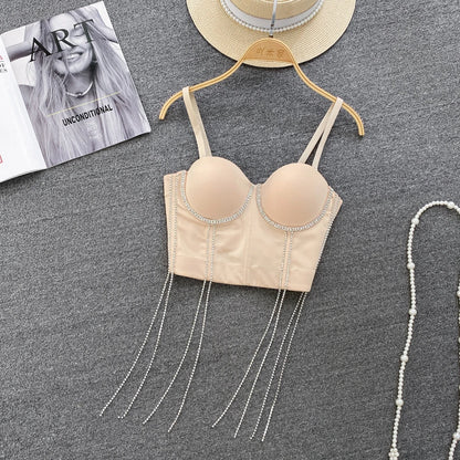 Women Chic Tassels  Pads Rhinestone Basic  Corset Straps Camis Slim  Hot Sexy Fashion Bare NavelBackless Tops Women Crop Top