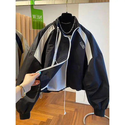 Design  niche loose casual stand up collar trench coat, women's spring and autumn short jacket double zipper