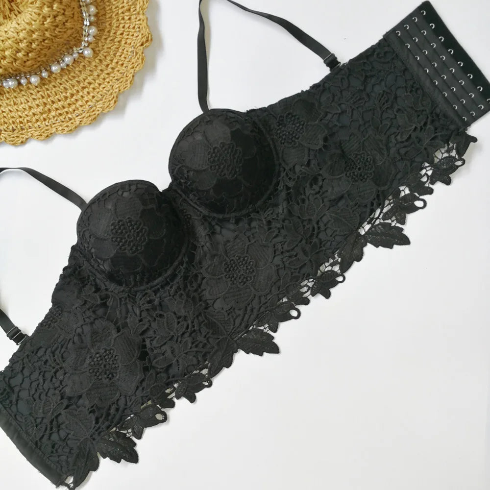 Women Crocheted 3D Lace Corset Stylish Floral Embroidery Bustier Push Up Bra Lady Tank Top Elegant Cropped Top Club Party Bralet