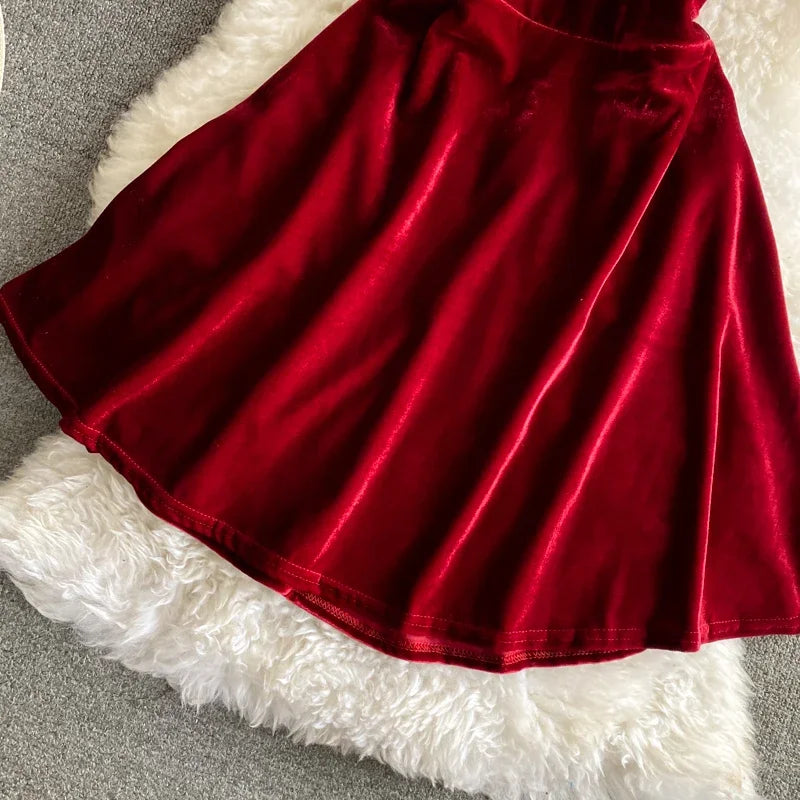 Summer Strap Dress Women Red Velvet A-line Mini Evening Dress Vintage Off Shoulder Luxury Y2K One Piece Frocks Clothes 2025 New