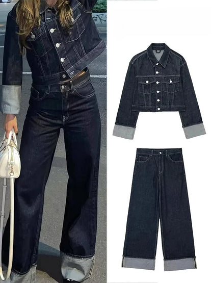 Women's Fashion Suit Retro Splicing Single-breasted Pocket Denim Jacket+High-waisted Women's Zippered Wide-leg Pants 2-piece Set